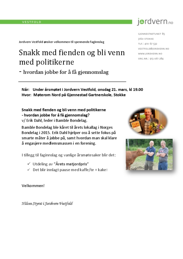 Jordvern Vestfold Invitasjon til årsmøte 2018 m faginnslag